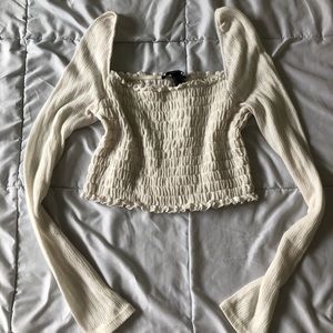 Smocked pointelle sleeve crop top